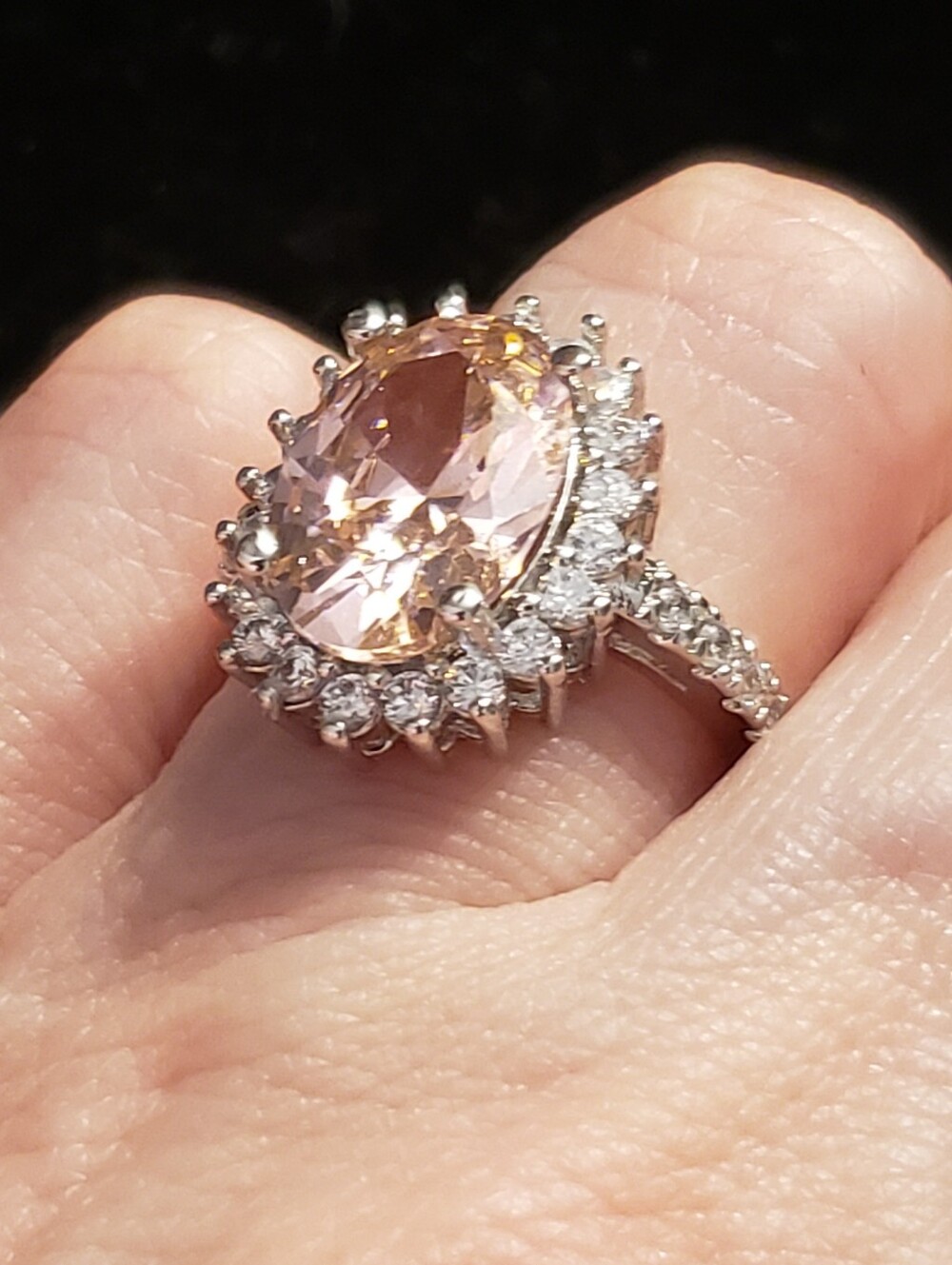 NEW Pink Topaz Oval Gem In Stamped Sterling 925 W/Halo Setting White Gems, Sz 7.